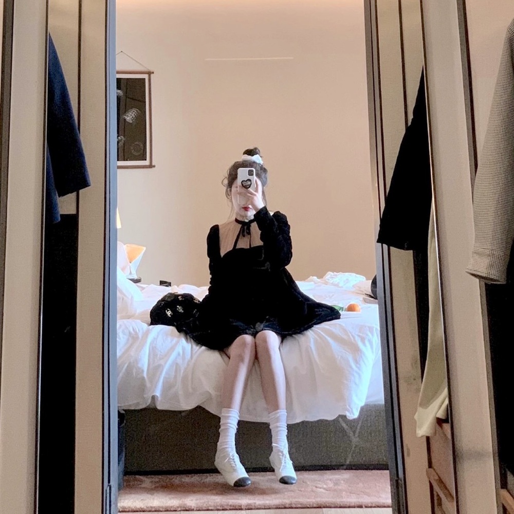 Vintage-Inspired Velvet Dress w/Double-Layer Nude Mesh Bodice - Empire Waist